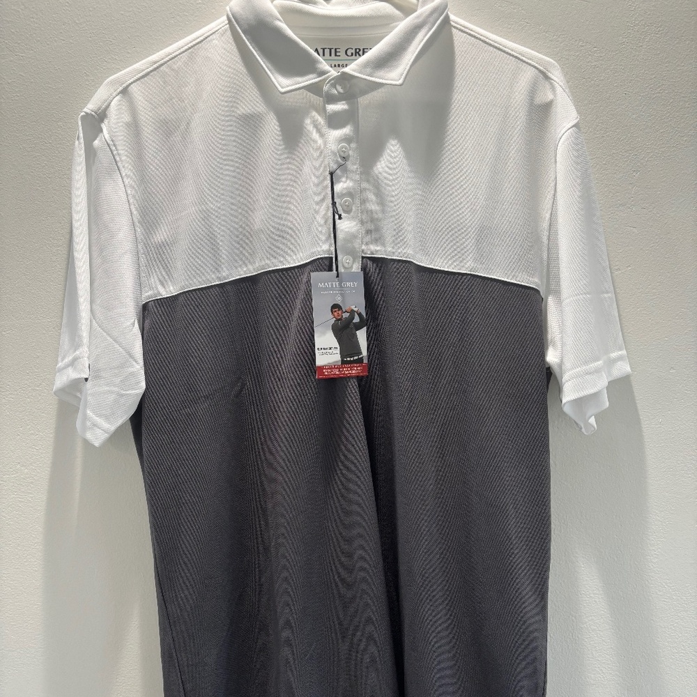 Matte Grey Golf Polo Shirt | Size L | White & Grey Performance Fit - PRICE DROP!